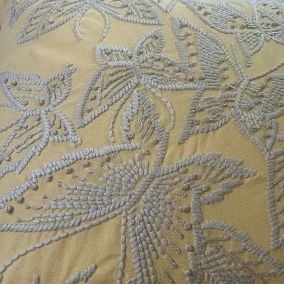 2 Pottery Barn Pillow Covers Yellow With Oatmeal Embroidered Butterflies 20X20 - Picture 3 of 4